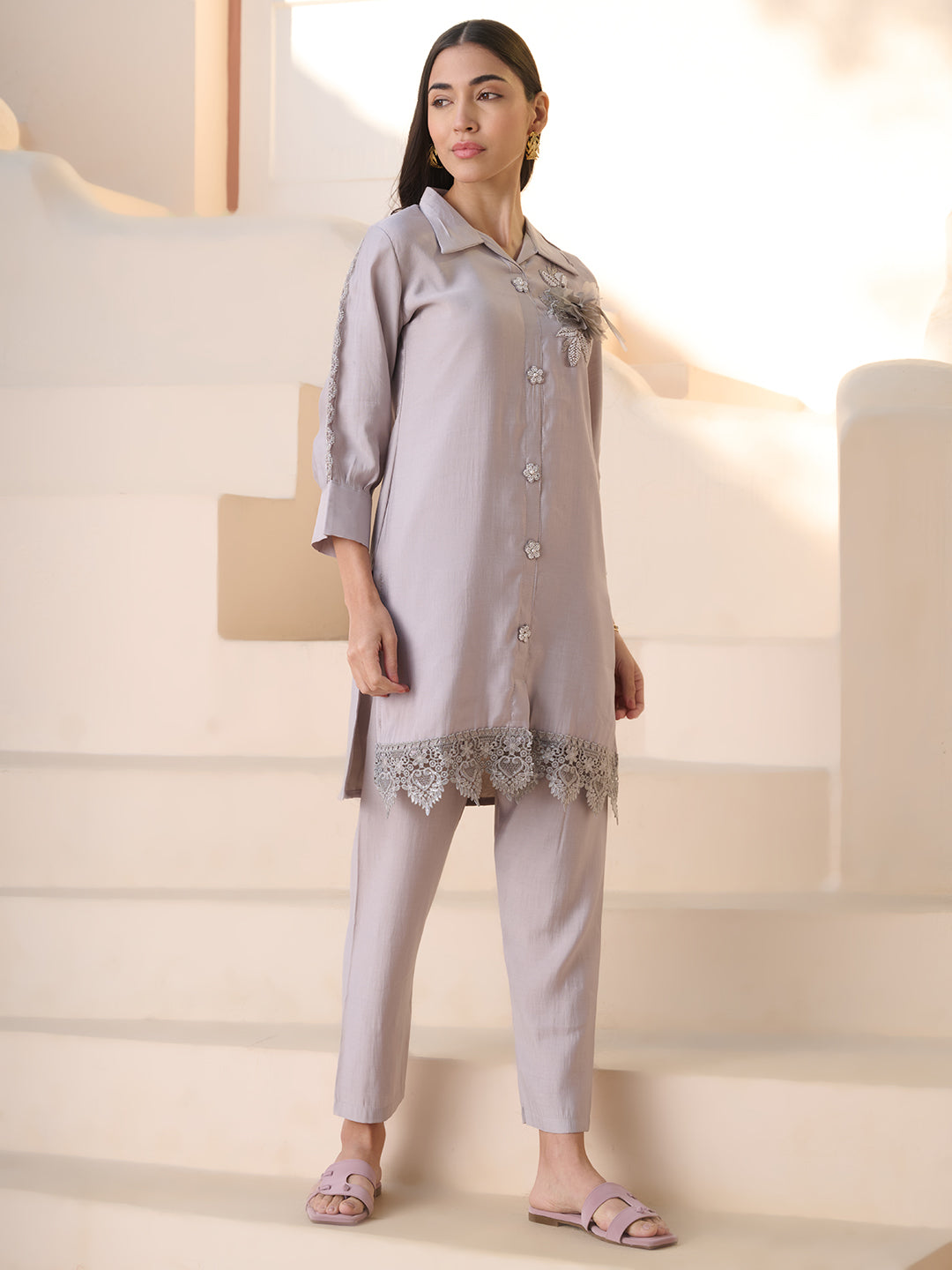 Grey Solid &amp; Embroidered Silk Blend Co-ord Set
