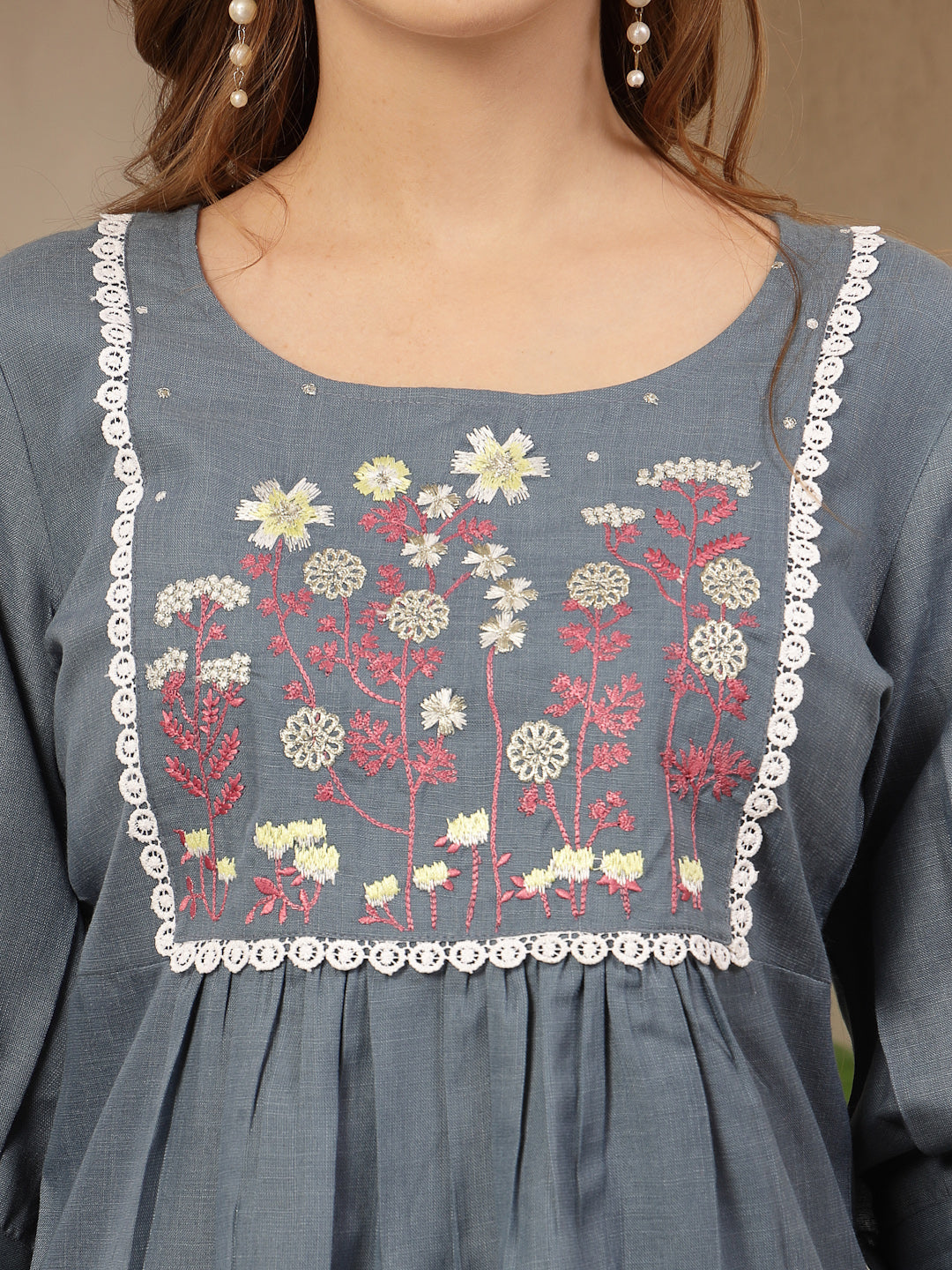 Grey Solid &amp; Embroidered Cotton Blend Co-Ord Set