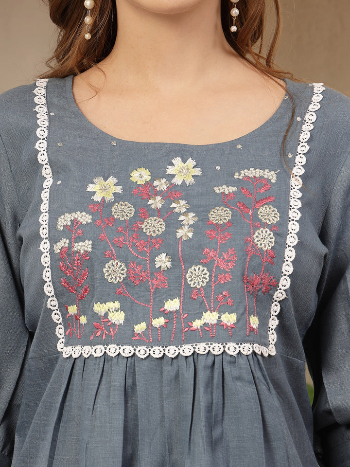 Grey Solid &amp; Embroidered Cotton Blend Co-Ord Set