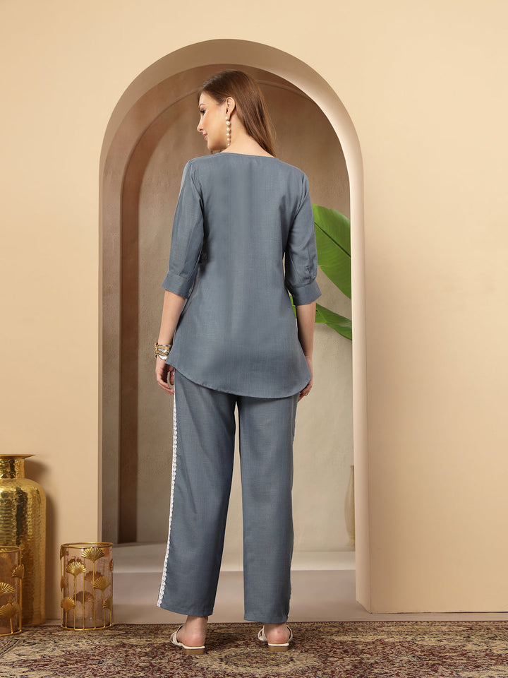 Grey Solid &amp; Embroidered Cotton Blend Co-Ord Set