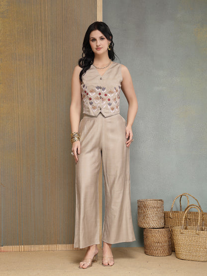 Solid & Embroidered Vertical Co-Ord Set