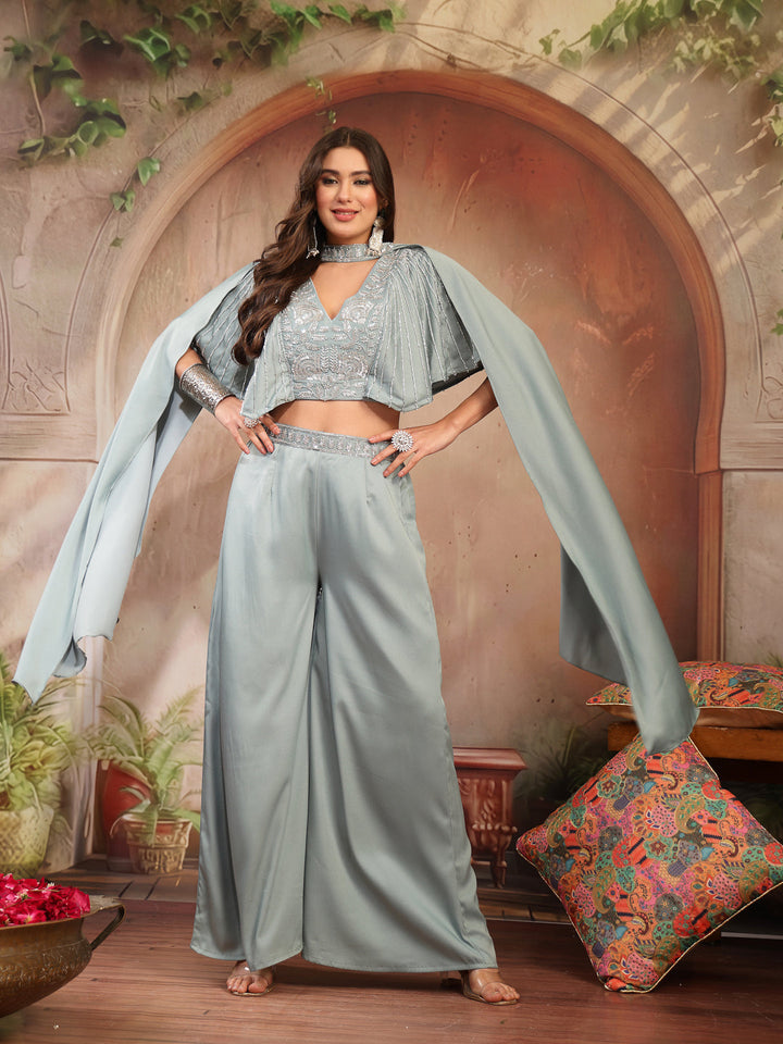 Blue Solid &amp; Embroidered Poly Georgette Co-Ord&