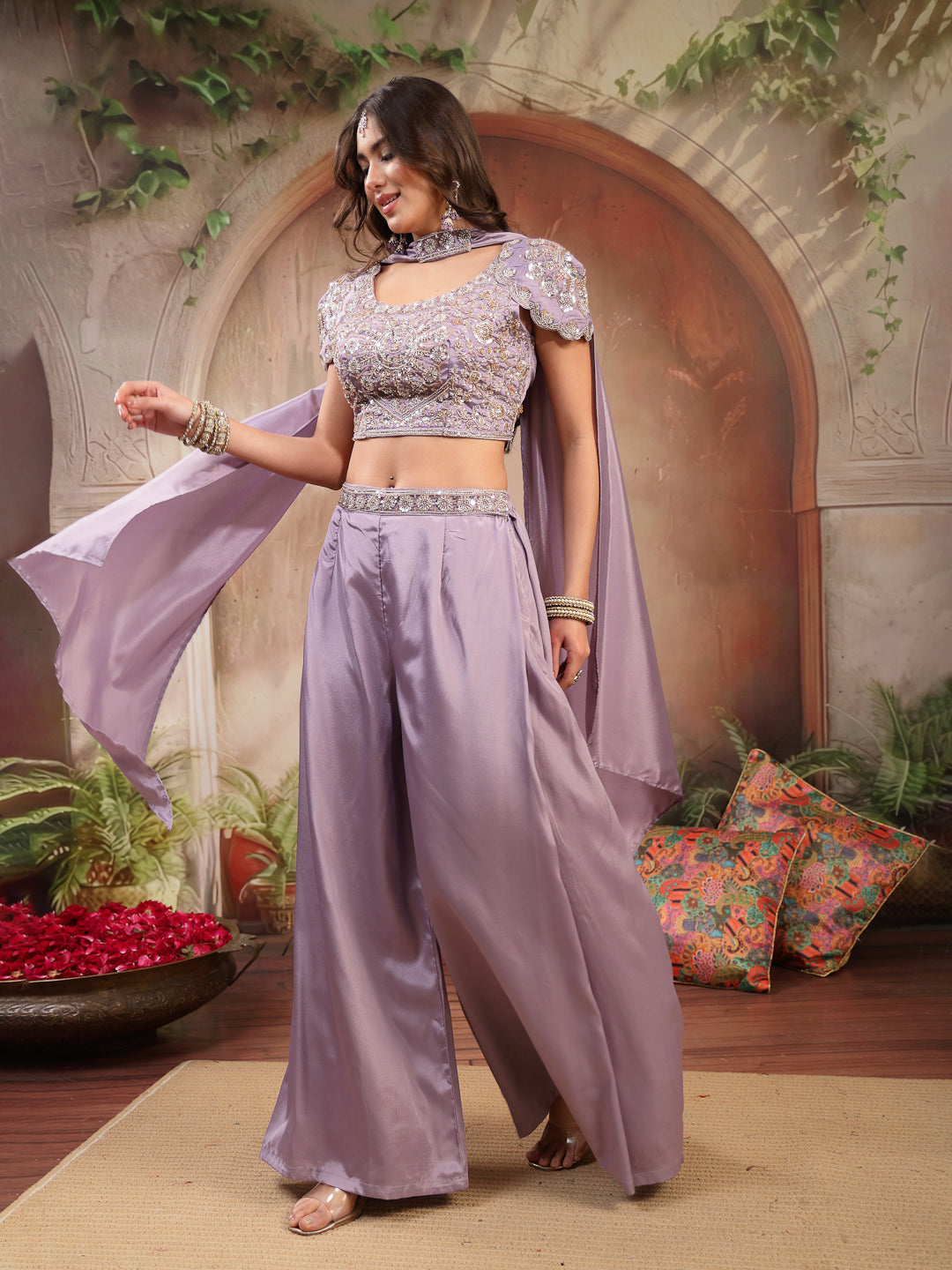 Solid &amp; Embroidered Poly Georgette Co-Ord&
