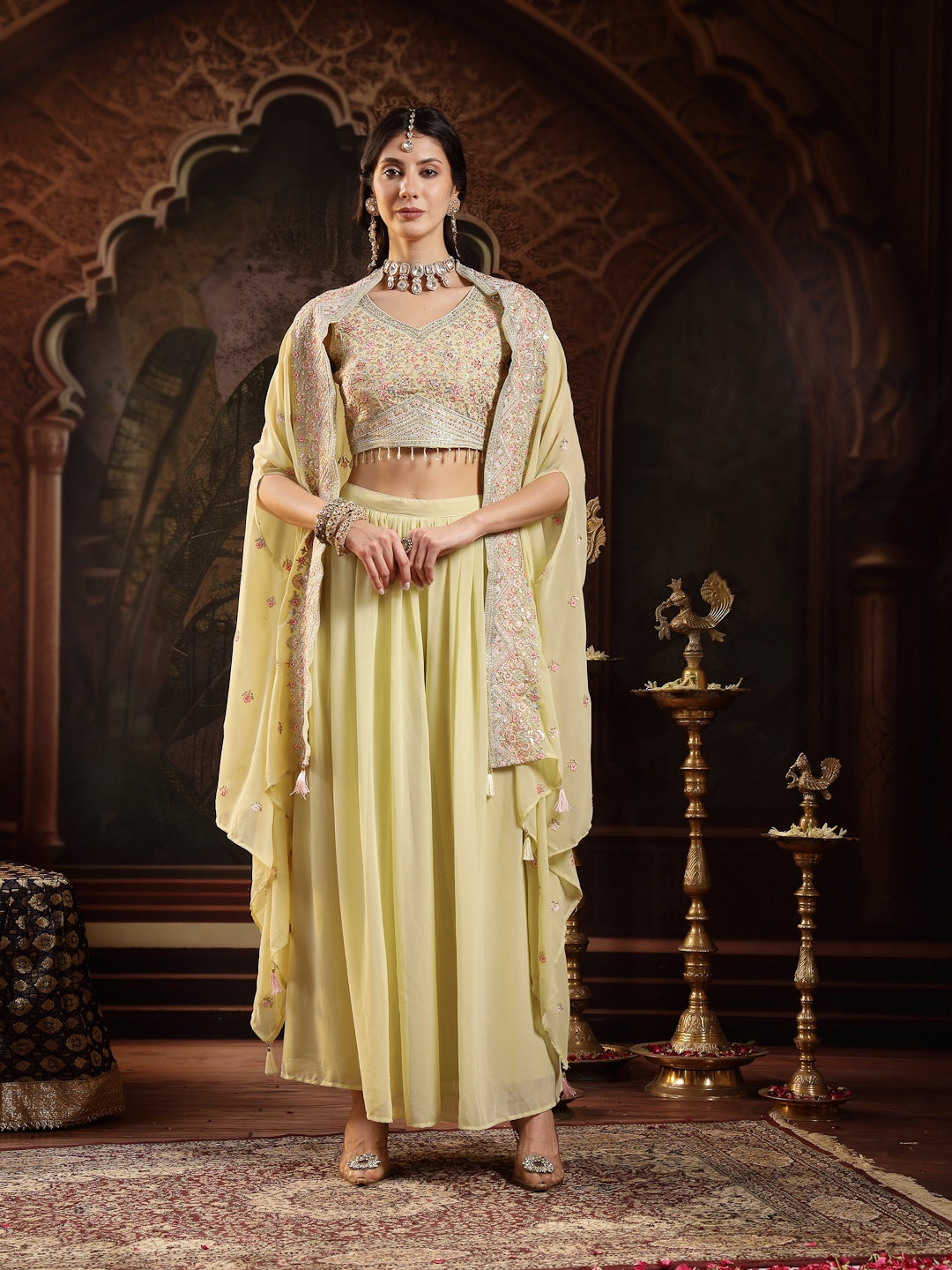 Lime Green Solid & Embroidered Georgette Co-Ord Set