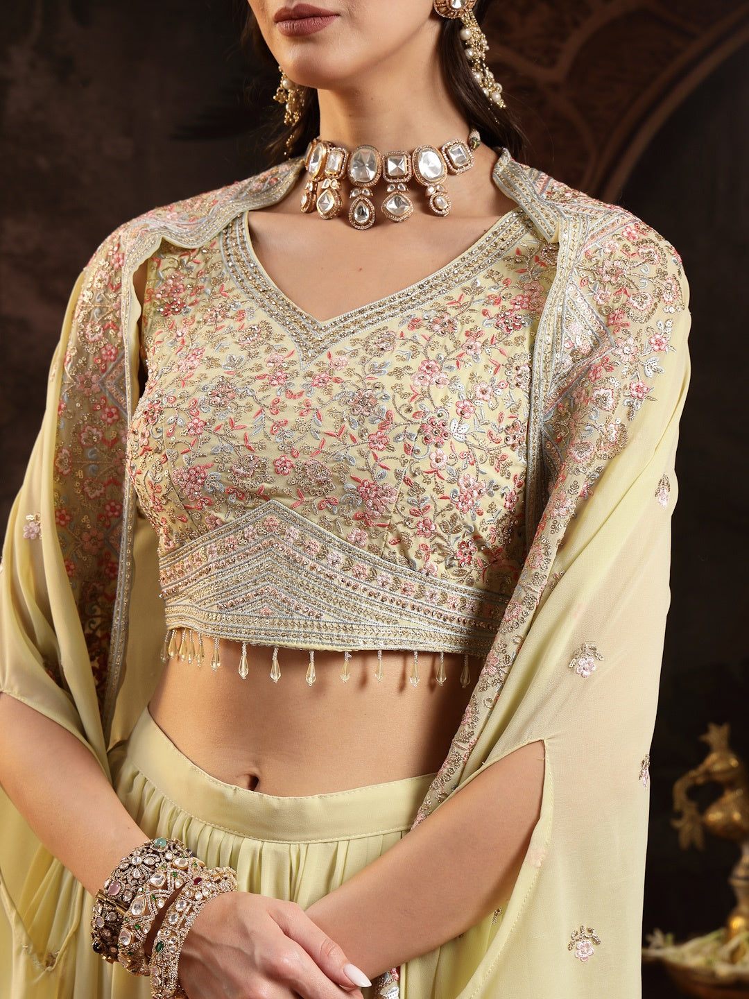 Lime Green Solid & Embroidered Georgette Co-Ord Set