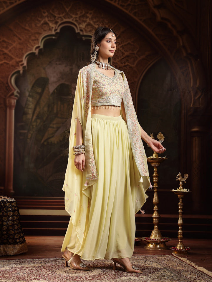 Lime Green Solid &amp; Embroidered Georgette Co-Ord Set
