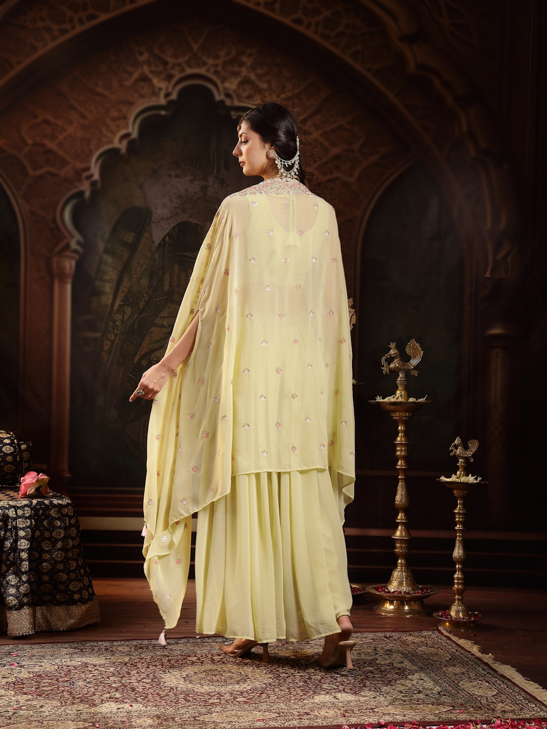 Lime Green Solid &amp; Embroidered Georgette Co-Ord Set