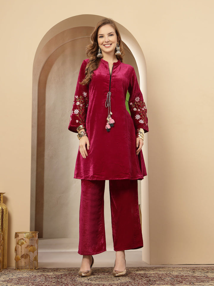 Magenta Solid &amp; Embroidered Velvet Co-Ord Set