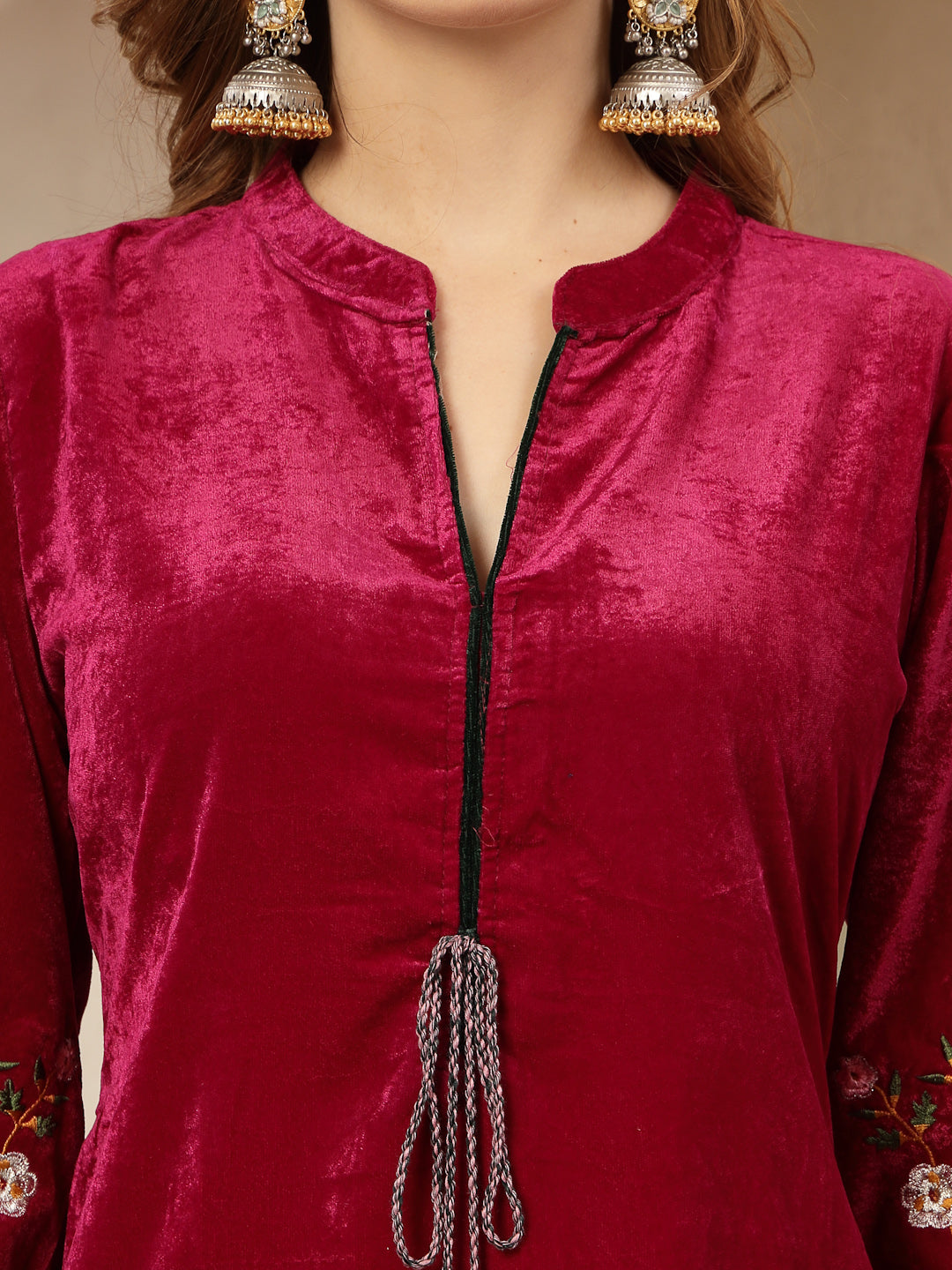 Magenta Solid &amp; Embroidered Velvet Co-Ord Set