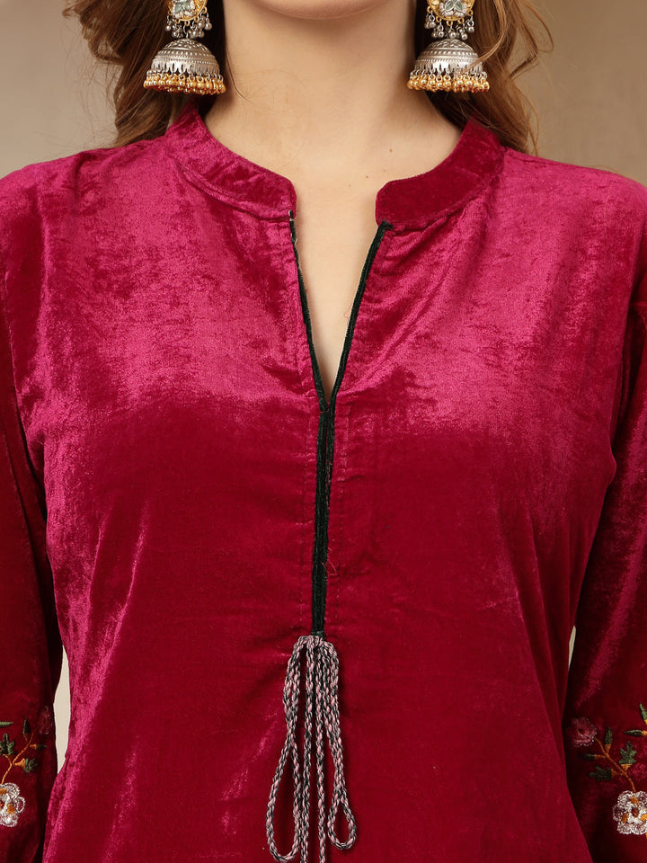 Magenta Solid &amp; Embroidered Velvet Co-Ord Set