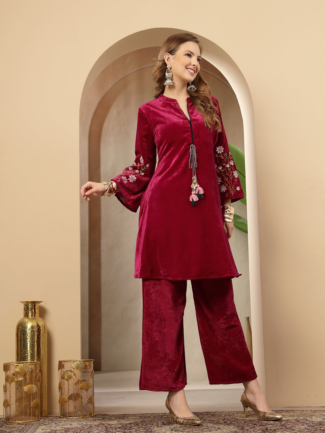Magenta Solid & Embroidered Velvet Co-Ord Set