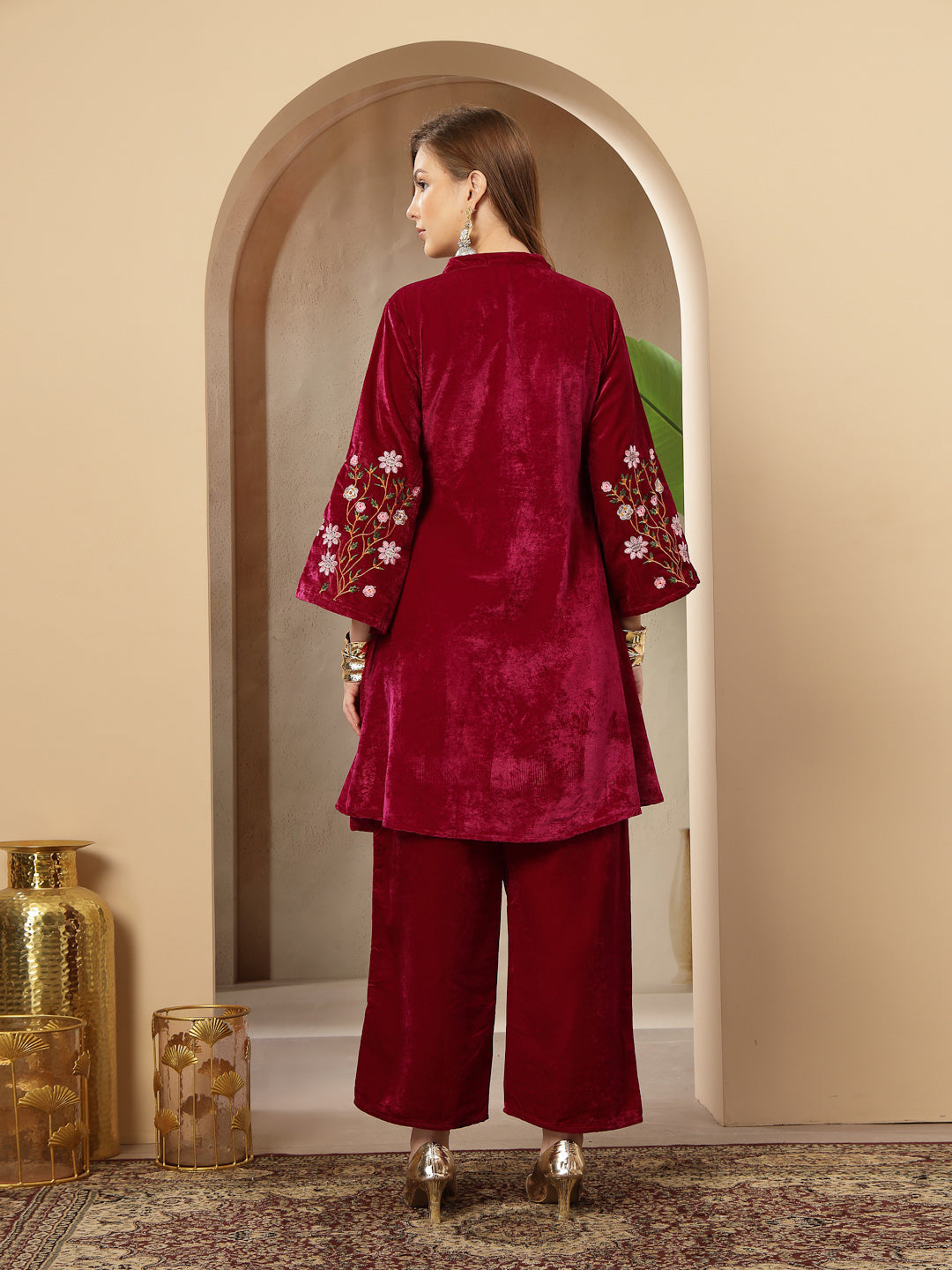 Magenta Solid &amp; Embroidered Velvet Co-Ord Set