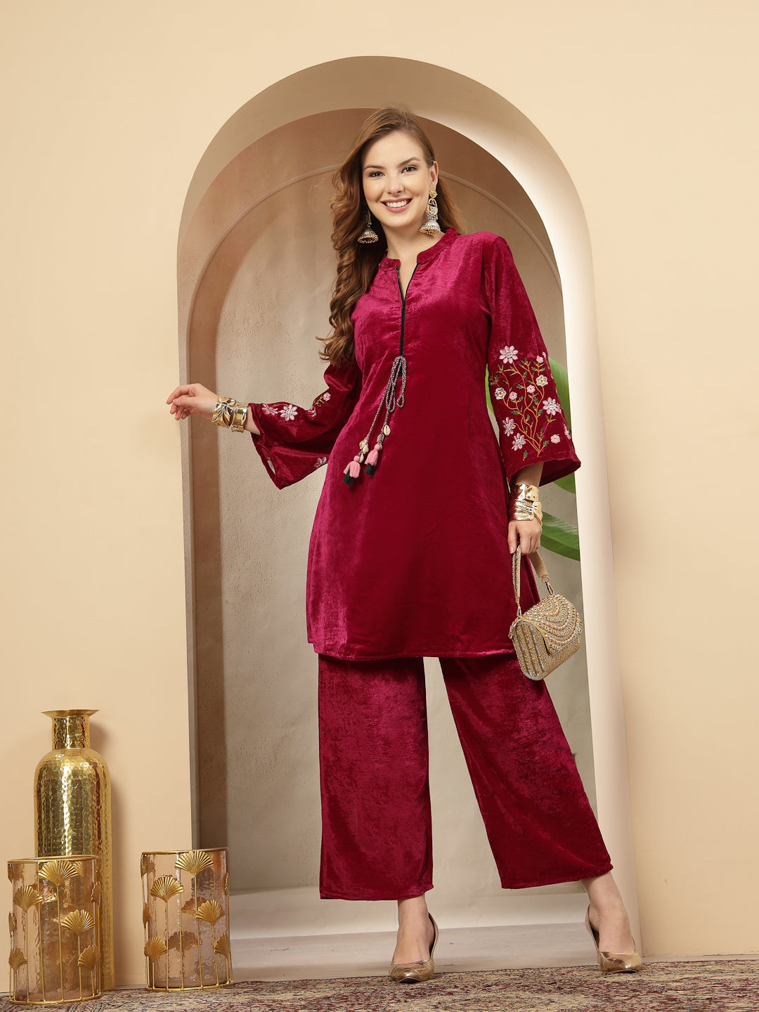 Magenta Solid &amp; Embroidered Velvet Co-Ord Set