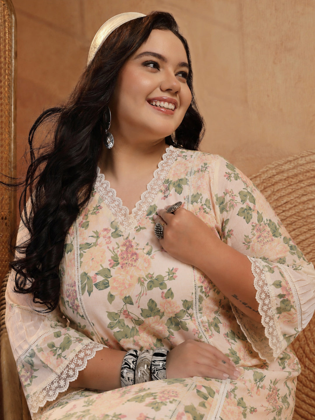 Size Pestal Peach Floral Printed Cotton Co-Ord Set