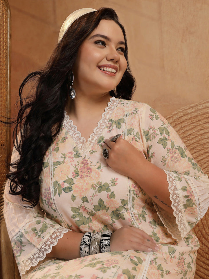 Size Pestal Peach Floral Printed Cotton Co-Ord Set