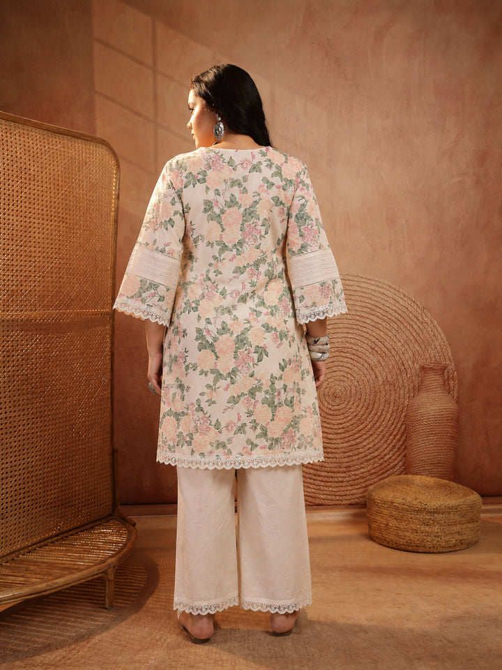 Size Pestal Peach Floral Printed Cotton Co-Ord Set