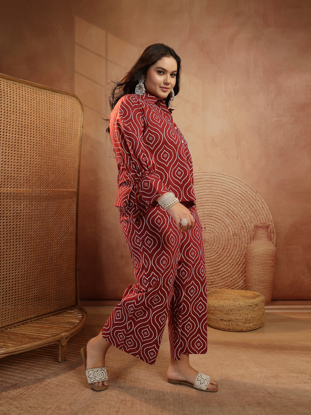 Plus Size Maroon Bandhej Printed Cotton Co-Ord Set