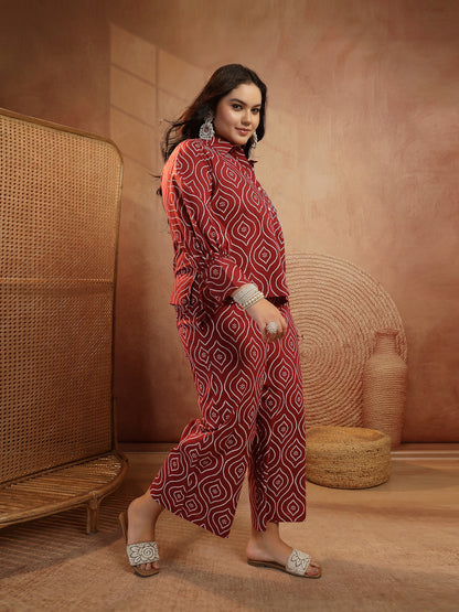 Plus Size Maroon Bandhej Printed Cotton Co-Ord Set