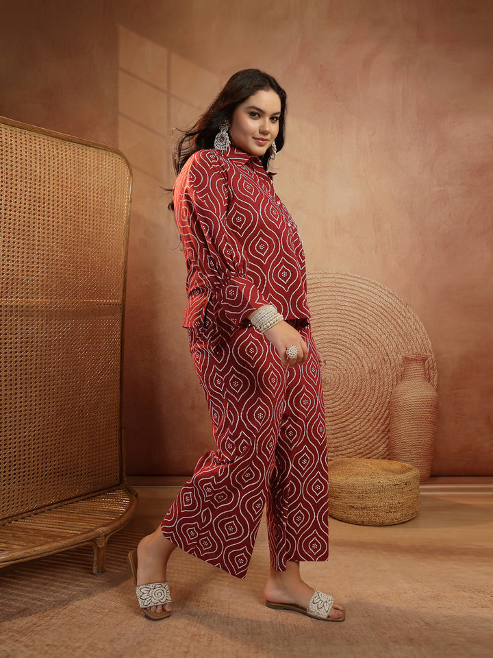 Plus Size Maroon Bandhej Printed Cotton Co-Ord Set