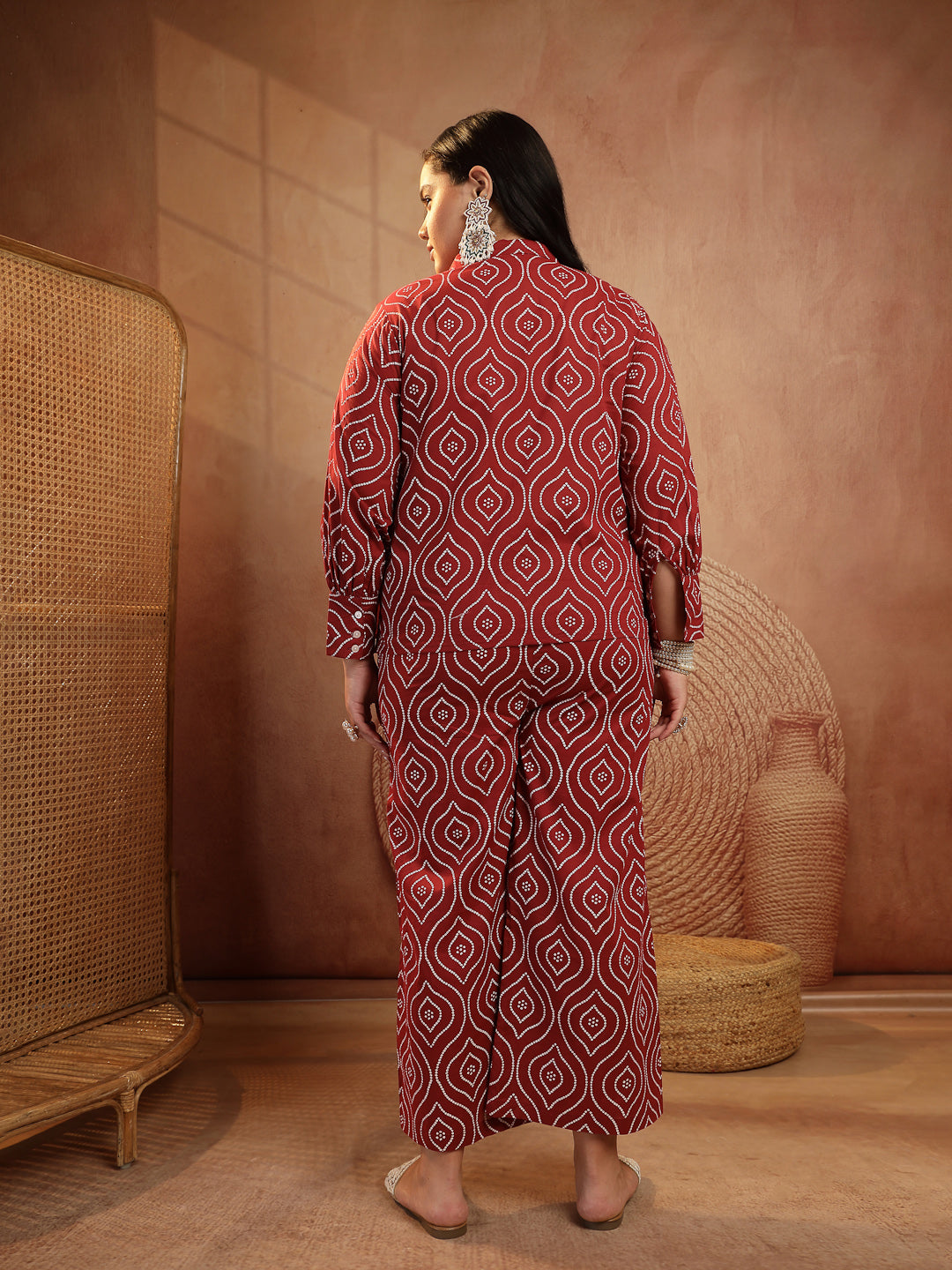 Plus Size Maroon Bandhej Printed Cotton Co-Ord Set