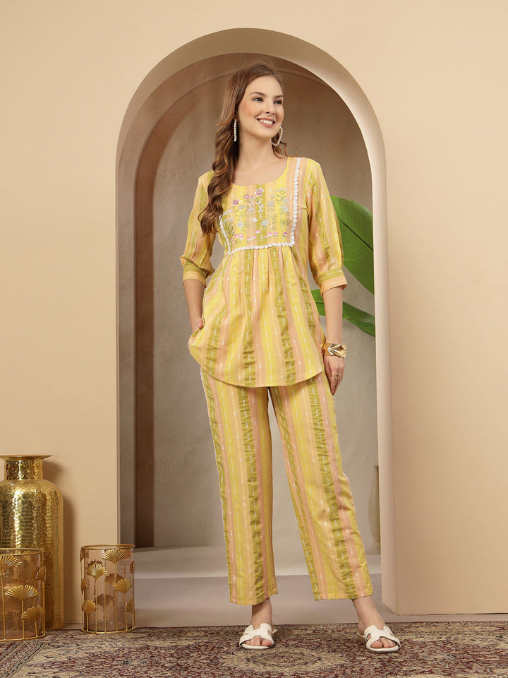 Multi Solid &amp; Embroidered Cotton Blend Co-Ord Set