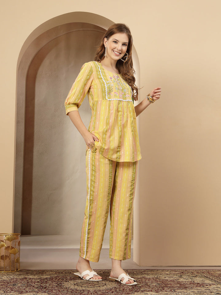 Multi Solid &amp; Embroidered Cotton Blend Co-Ord Set