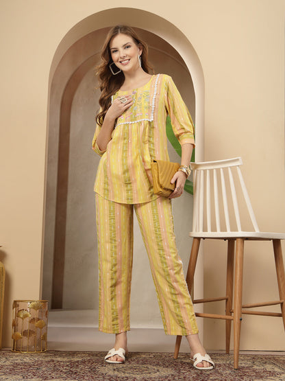 Multi Solid & Embroidered Cotton Blend Co-Ord Set