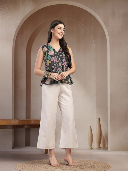 Black Floral Printed Katha Cotton Co-Ord Set