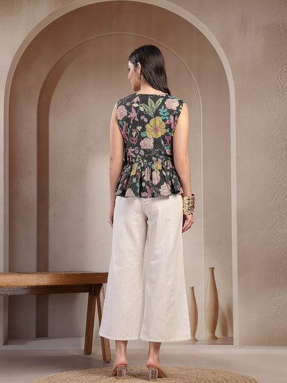 Black Floral Printed Katha Cotton Co-Ord Set