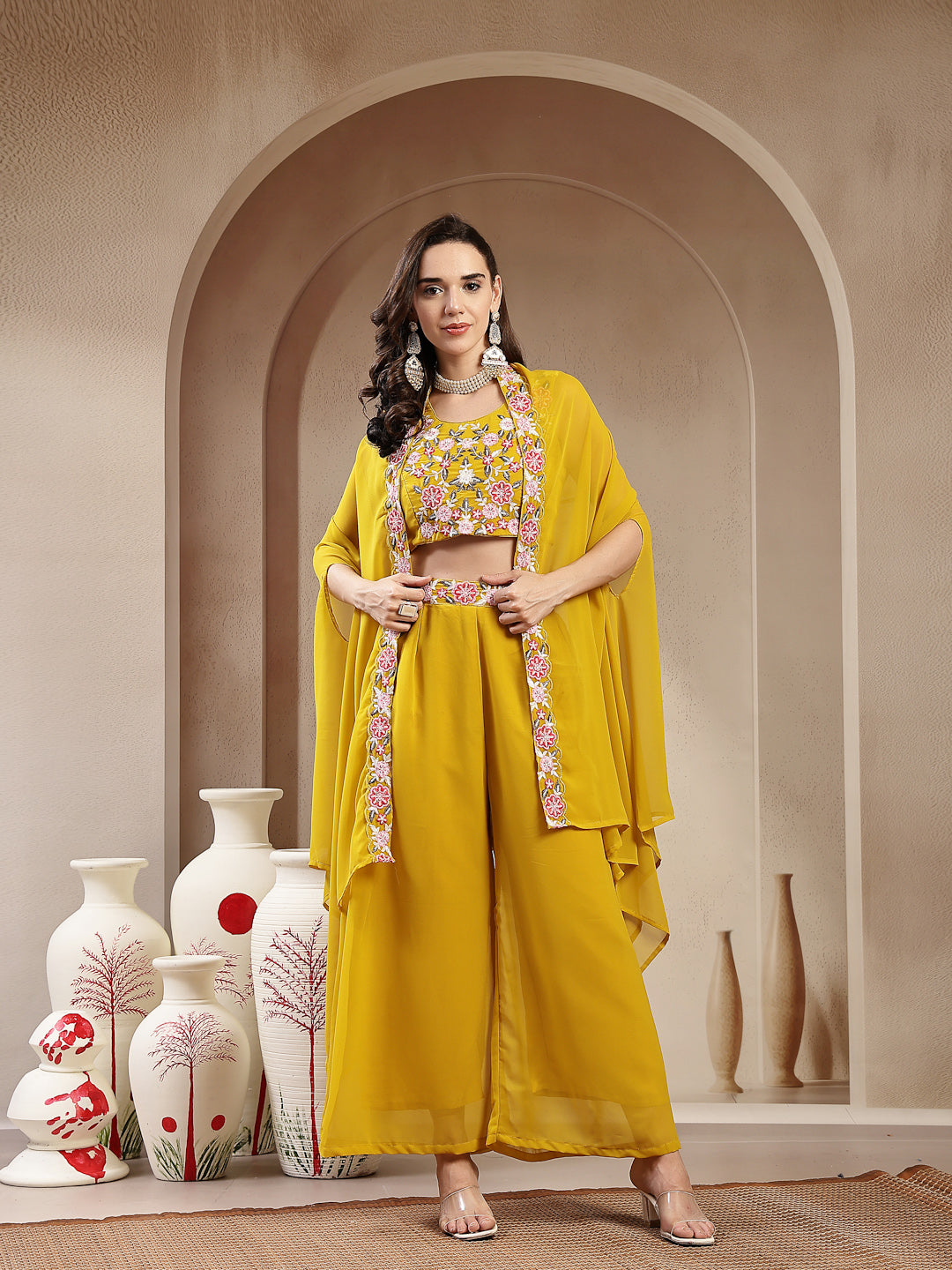 Mustard Solid & Embroidered Georgette Palazzo & Crop Top with Shrug Co-Ords Set (Pre-Order)
