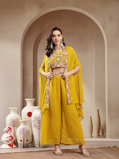 Mustard Solid & Embroidered Georgette Palazzo & Crop Top with Shrug Co-Ords Set (Pre-Order)