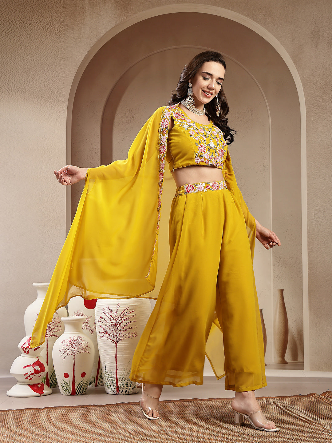 Mustard Solid & Embroidered Georgette Palazzo & Crop Top with Shrug Co-Ords Set (Pre-Order)