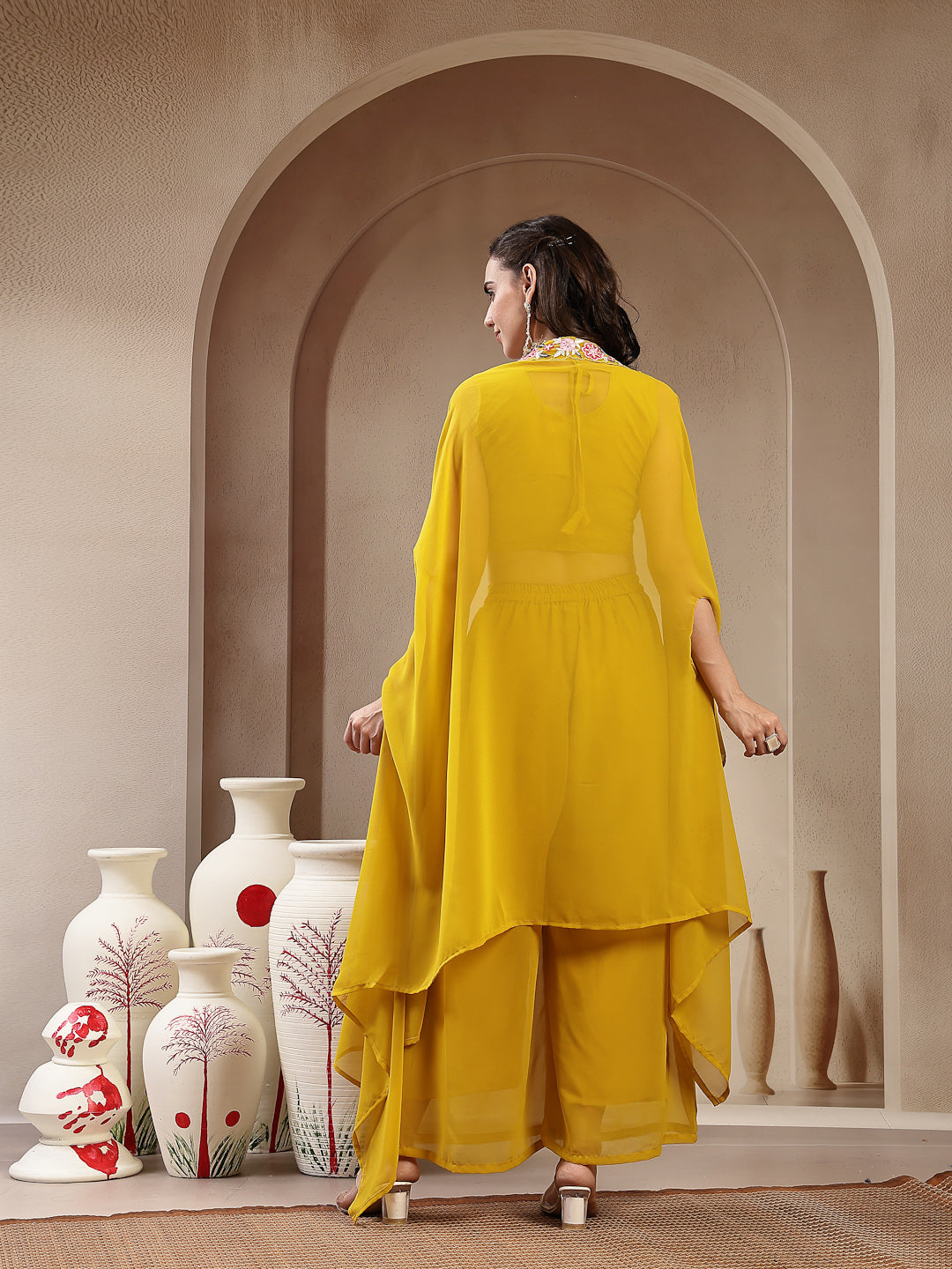 Mustard Solid & Embroidered Georgette Palazzo & Crop Top with Shrug Co-Ords Set (Pre-Order)