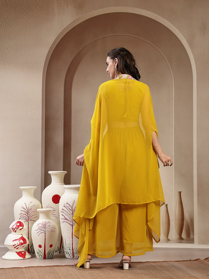 Mustard Solid & Embroidered Georgette Palazzo & Crop Top with Shrug Co-Ords Set (Pre-Order)