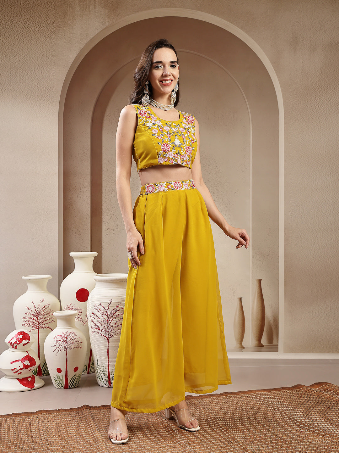 Mustard Solid & Embroidered Georgette Palazzo & Crop Top with Shrug Co-Ords Set (Pre-Order)