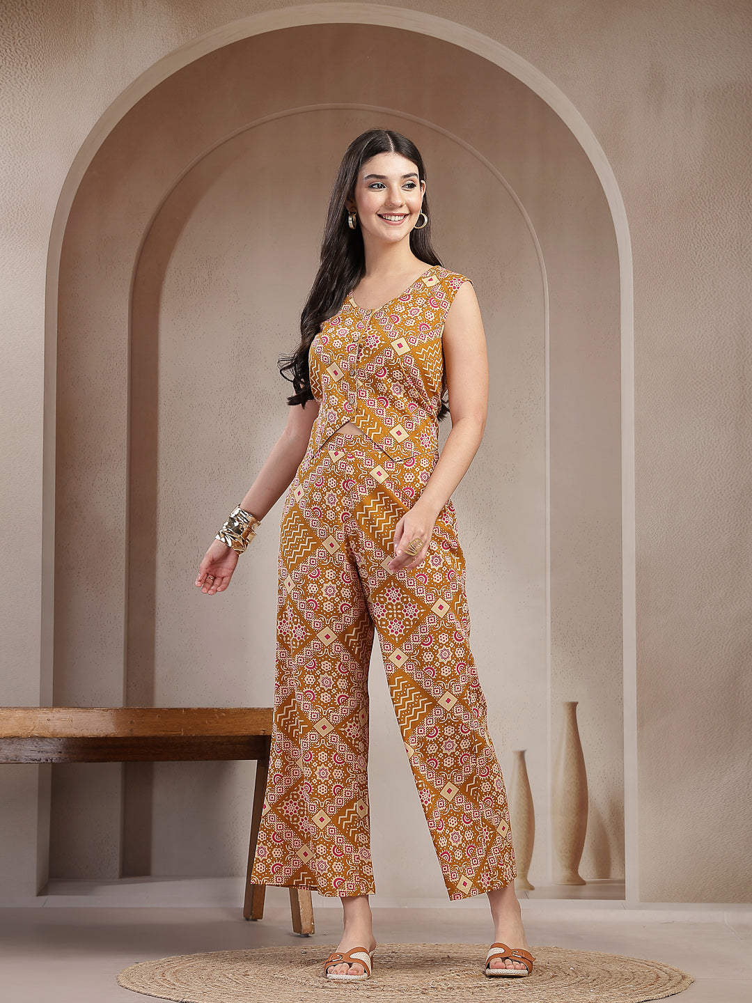 Mustard Ethnic Printed Cotton Co-Ord Set