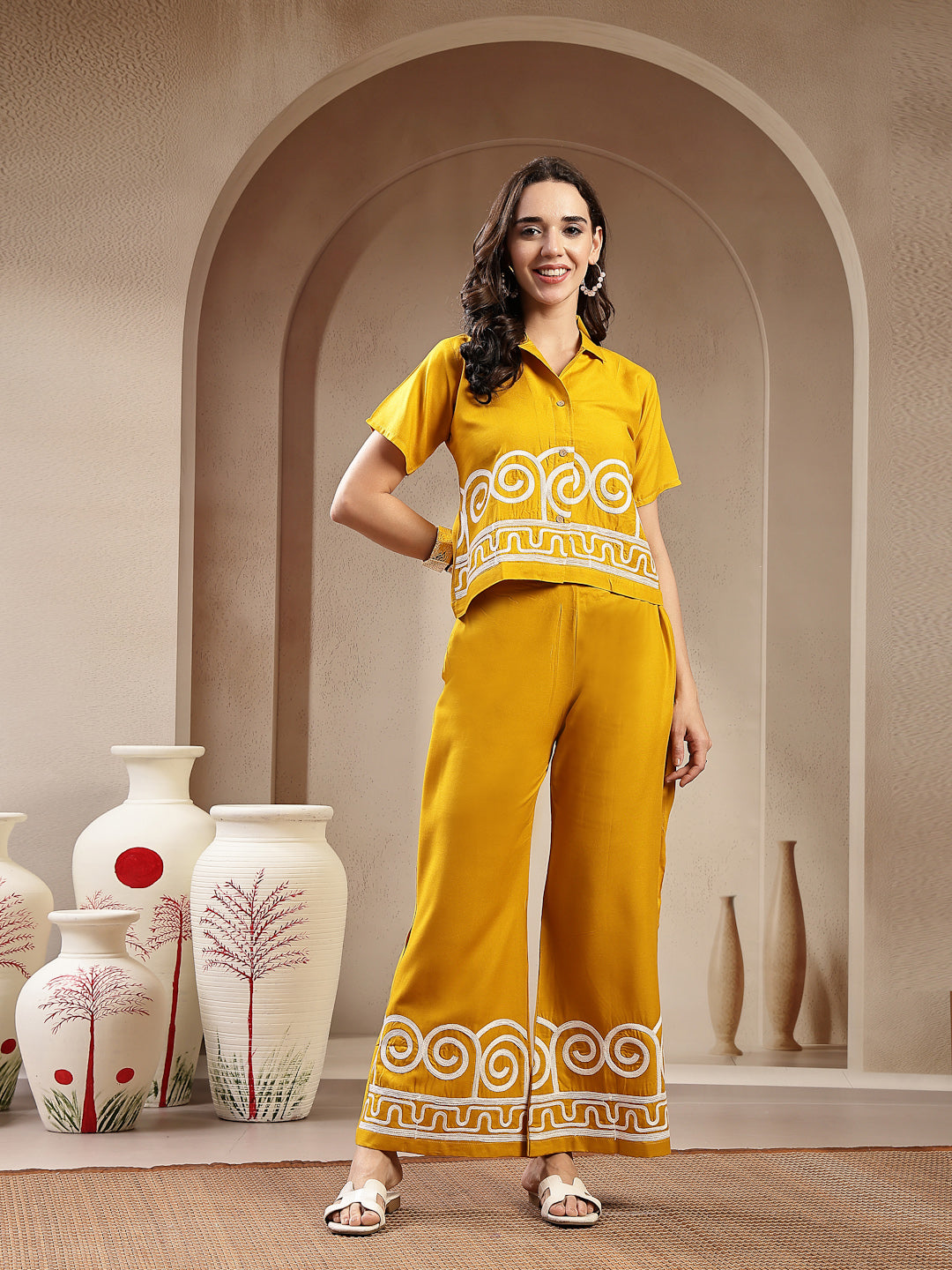 Mustard Solid & Embroidered Rayon Co-Ord Set