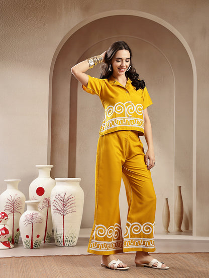 Mustard Solid & Embroidered Rayon Co-Ord Set