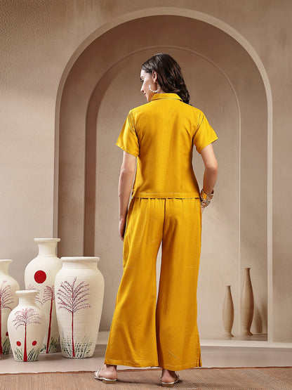 Mustard Solid & Embroidered Rayon Co-Ord Set