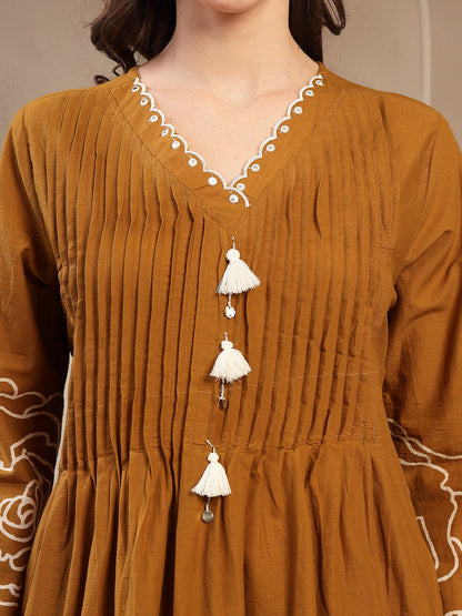 Mustard Floral Printed & Embroidered Cotton Co-Ord Set