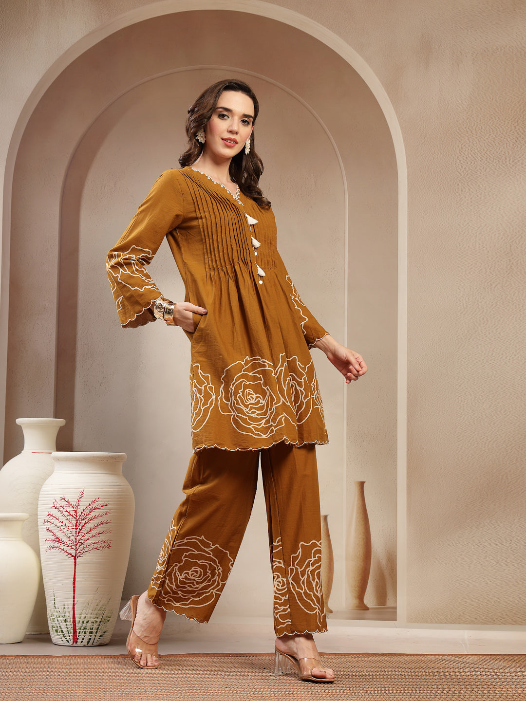 Mustard Floral Printed &amp; Embroidered Cotton Co-Ord Set