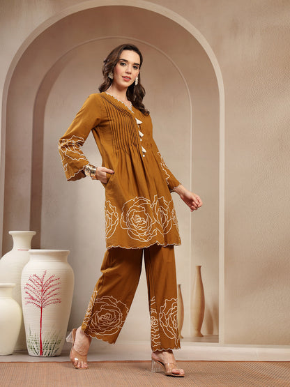 Mustard Floral Printed & Embroidered Cotton Co-Ord Set