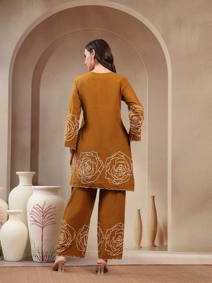Mustard Floral Printed & Embroidered Cotton Co-Ord Set