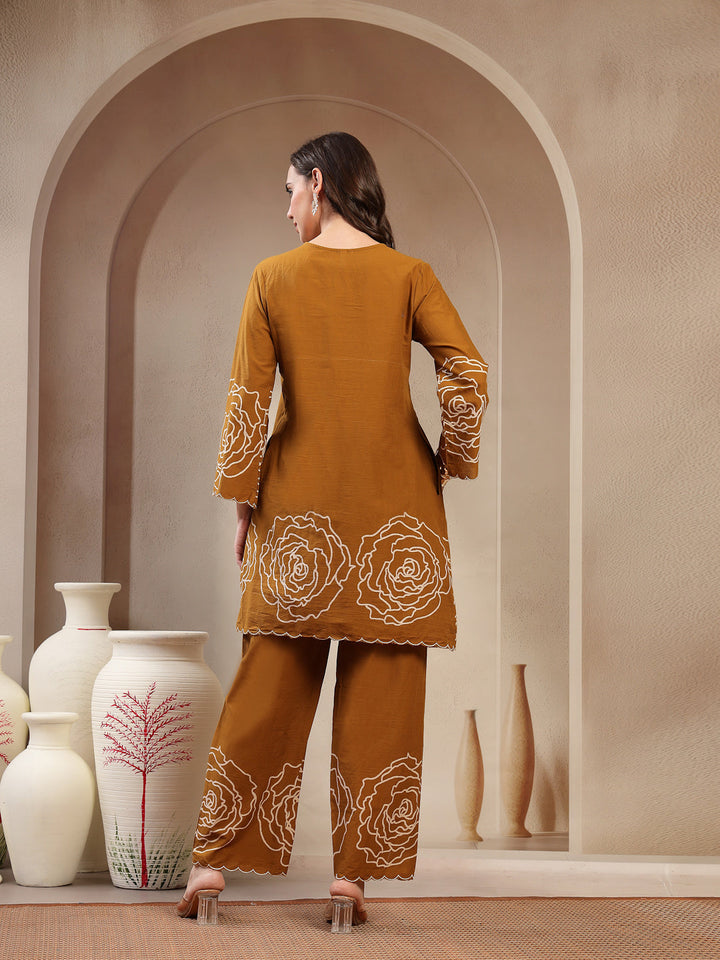 Mustard Floral Printed &amp; Embroidered Cotton Co-Ord Set