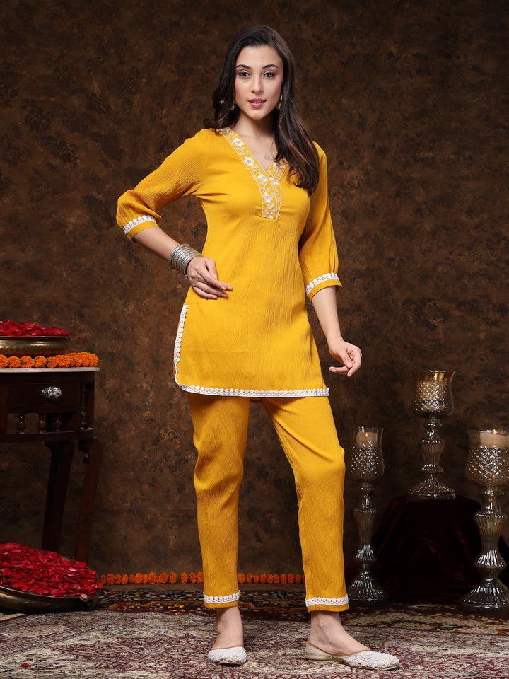 Mustard Solid &amp; Embroidered Italiya Crepe Co-Ords Set