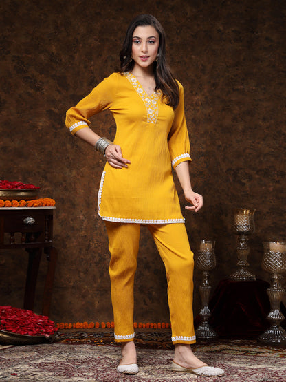 Mustard Solid & Embroidered Italiya Crepe Co-Ords Set (Pre-Order)