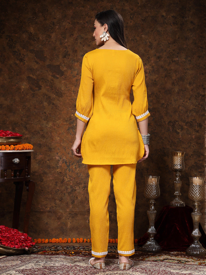 Mustard Solid &amp; Embroidered Italiya Crepe Co-Ords Set