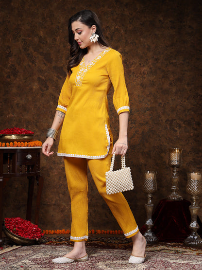 Mustard Solid & Embroidered Italiya Crepe Co-Ords Set (Pre-Order)