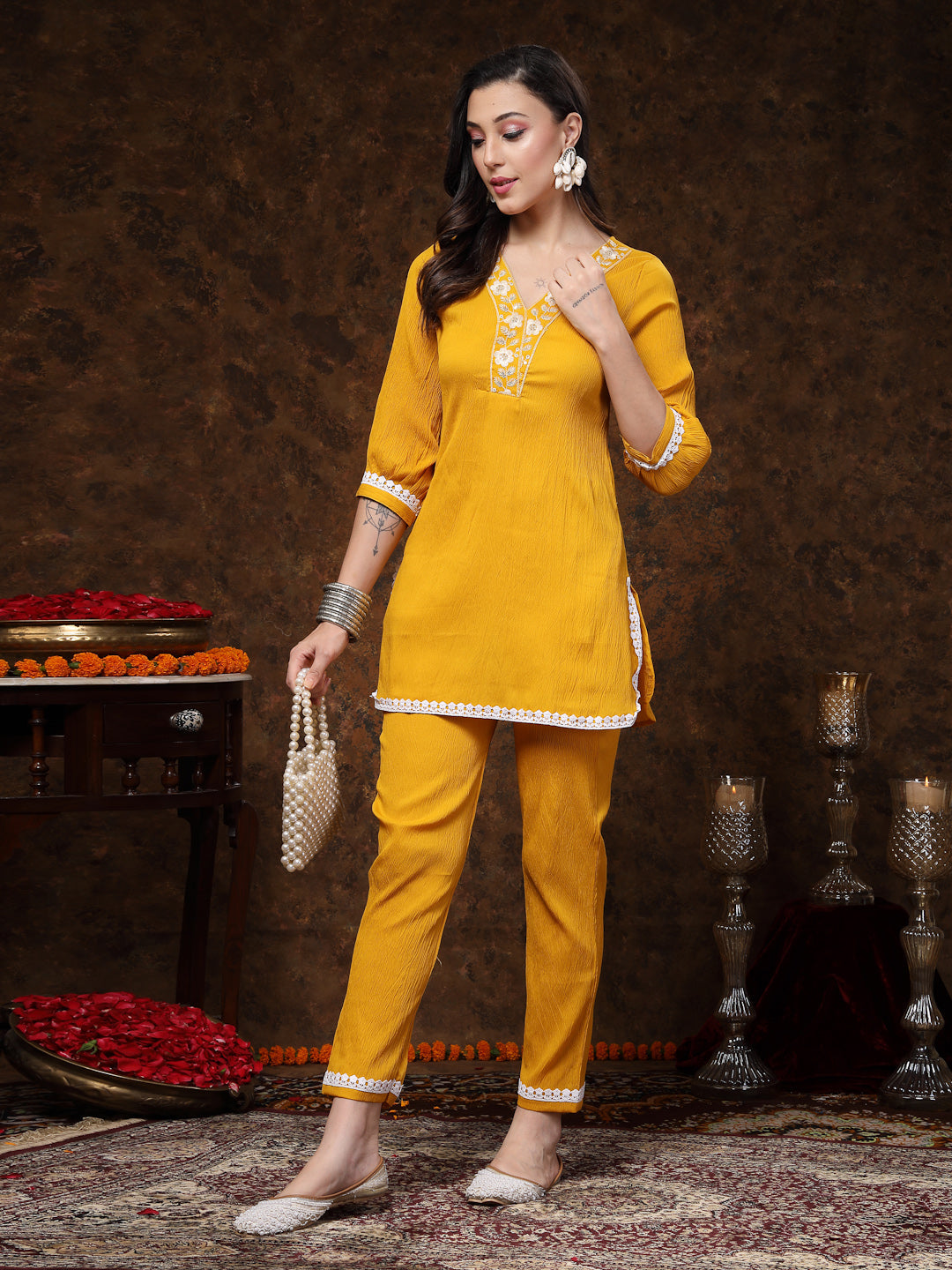 Mustard Solid &amp; Embroidered Italiya Crepe Co-Ords Set