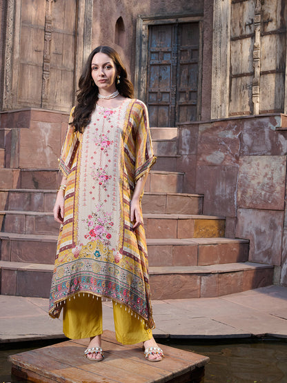 Mustard Mirror Work Printed Silk Blend Co-ord Set